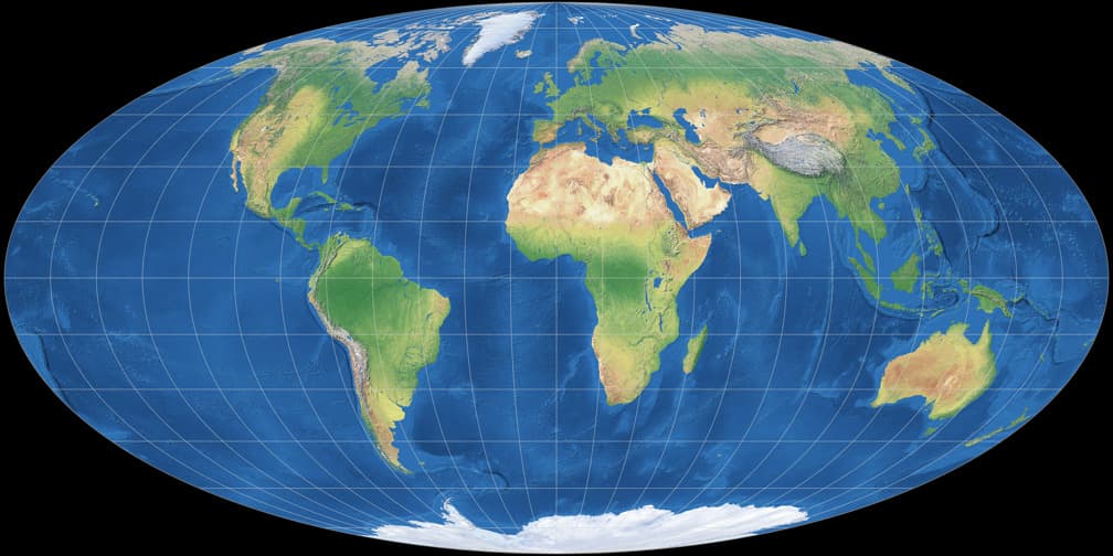 Mollweide equal-area oval world outline, explained on https://truesize.world