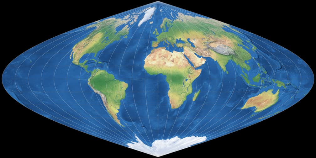 Sinusoidal equal-area projection with curved meridians, showcased at https://truesize.world